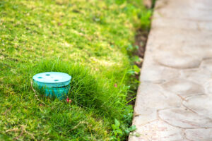 Closeup of green plastic pipe with cover on green grass lawn.