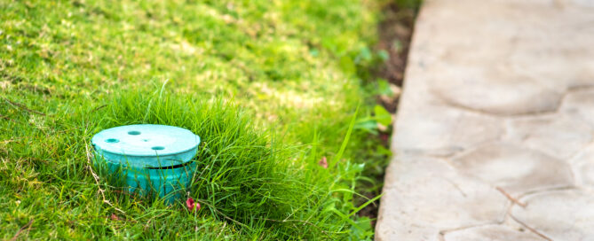 Closeup of green plastic pipe with cover on green grass lawn.